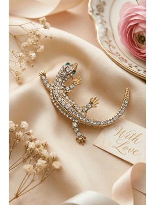 BB Bi Butik Shop Işıltılı Kristal Taşlı Kertenkele Figürlü Broş