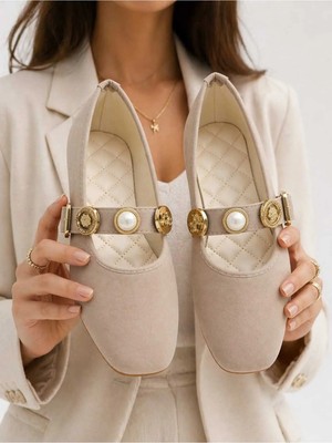 Slipcat Kadın Babet Ayakkabı Kadife Altın Tokalı Ofis Ev Ayakkabısı