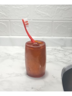 PremiumPort Altın Renkli Poliresin Diş Fırçalık, Banyo Seti 5X5X7CM