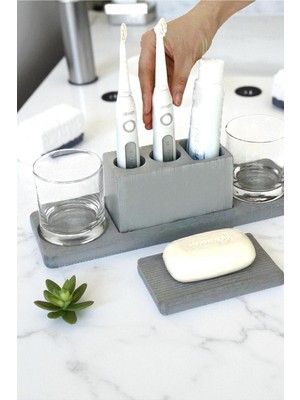 PremiumPort 3 Parça Beton Banyo Seti, Şarjlı Diş Fırçası Standı ve Sabunluk