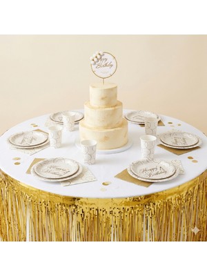 Bulout Elegant Beyaz Gold Doğum Günü Parti Seti – Pasta Süsü, Tabak, Bardak, Masa Örtüsü ve Gold Masa Eteği