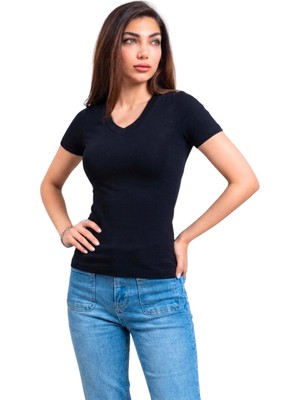 Thiff Kadın Ribana Buzy V Yaka T-Shirt (Tişört)