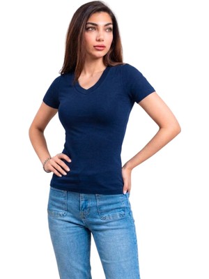 Thiff Kadın Ribana Buzy V Yaka T-Shirt (Tişört)