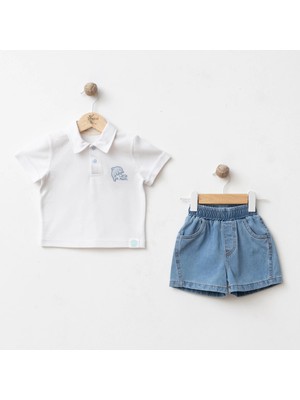 Bebeva Baby Erkek Bebek Beyaz Yunus Nakışlı Polo Yaka Tişört ve Denim Şort 2'li Kombin Takım