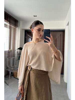 Magarde Kayık Yaka Yarasa Kol Merserize Bluz- Bej