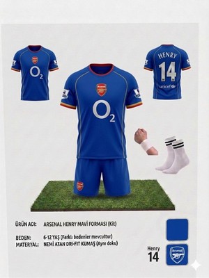 Yenteks Arsenal Henry 14 Numara   Retro Deplasman Mavi Henry 14 Numara Çocuk Forma Takımı 4 Parça Çorap Bileklik Hesiye
