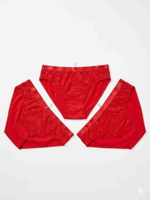 Shine Elagance Kırmızı 3'lü Ön Kısmı Dantelli Arkası Düz %94 Pamuk %6 Elastan Kadın  Külot Çeyizlik Set
