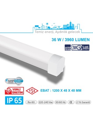 Teletek 3-Step Fonksiyon + Acil Durum Kitli 36W Etanj Armatür IP65 - Otopark, Depo ve Garaj Tipi - Su Geçirmez Tavan Lambası