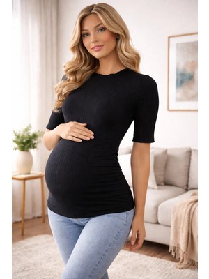 Meghan L.A Siyah Nervürlü Yumuşak Dokulu Esnek Hamile Bluz