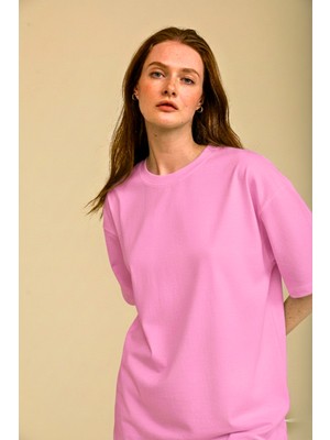 Guaraz Kadın Pembe Oversize Bisiklet Yaka %100 Organik Pamuk Düz Basic Yazlık T-Shirt