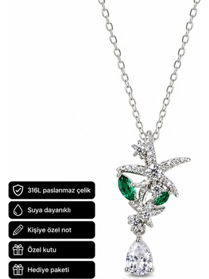 Herşey Nota Yeşil Taşlı Butterfly Kolye 316L Paslanmaz Çelik Hediye Kadın Kolye