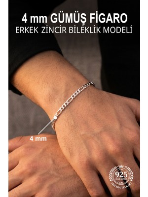 Silvera Telkari 925 Ayar Gümüş Erkek Bileklik 4 mm Figaro Zincir ST423