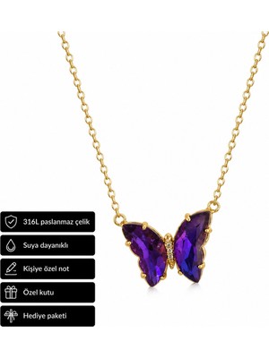Herşey Nota Mor Butterfly Taşlı 316L Paslanmaz Çelik Kolye Hediye