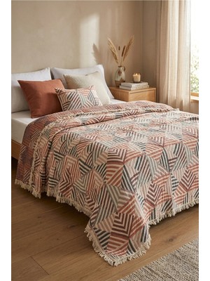 Shopyteks %100 Pamuk 5 Kat Dolgulu Müslin Yatak Örtüsü 220X240 Çift-Battal Boy Çift Taraflı Jakarlı Geometrik Desenli