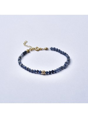 Nox Jewelry 14 Ayar Altın Kaplama Mavi Sodalit Doğal Taşlı Ortası Taşlı Top Detaylı Gümüş Bileklik - BGS00124