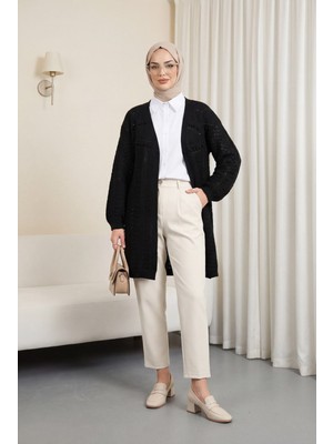 Moda Morfo Ponponlu Karışık Desen Araboy Triko Hırka -Siyah