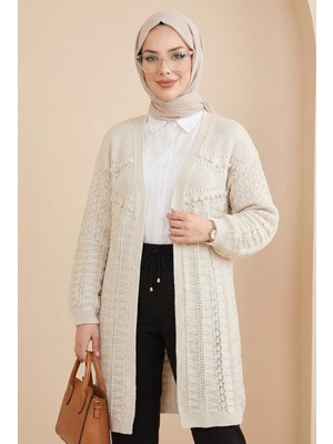 Moda Morfo Ponponlu Karışık Desen Araboy Triko Hırka -Taş
