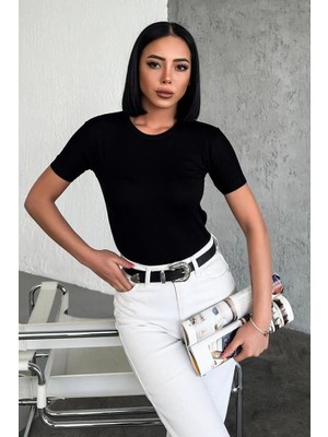Nacario Rahat Şık Kısa Kollu Bisiklet Yaka Likralı Viskon Penye Body Siyah