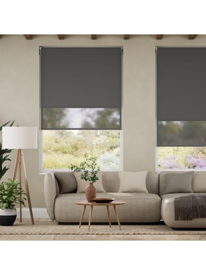 YS Perde Tasarım Sunscreen Çiftli Sistem Store Perde (Screen+Blackout Stor) Alüminyum Kasalı Yüksek Kaliteli-Antrasit V1009X009V