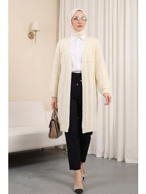 Moda Morfo Ponponlu Karışık Desen Araboy Triko Hırka -Krem