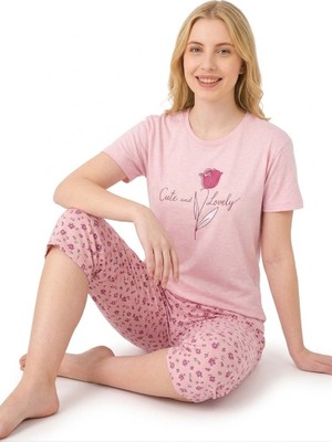 Sude Kadın Pembe Çiçek Desenli Kısa Kollu Pamuklu Rahat Kalıp Kaprili Pijama Takımı