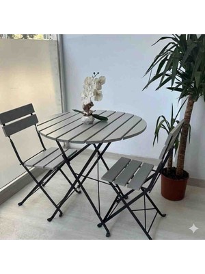 Bayarsan Metal Ayaklı Ahşap Katlanır Bistro Yuvarlak Kamp Bahçe Balkon Mutfak Seti