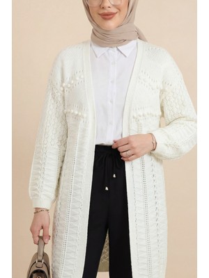 Moda Morfo Ponponlu Karışık Desen Araboy Triko Hırka -Ekru
