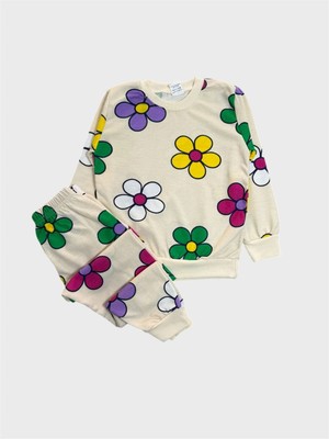 Aliş Kids Kız Çocuk Pamuklu Krem Rengi Çiçek Desenli Uzun Kollu Mevsimlik Pijama Takımı