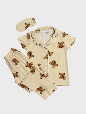 Aliş Kids Anne-Kız Çocuk Pamuklu Bej Ayıcık Desenli Gömlek Yaka Düğmeli Kısa Kollu Uyku Gözlüklü Pijama Takımı