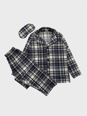 Aliş Kids Baba-Çocuk Milan Kumaş Mavi Gri Çizgili Ekose Desenli Gömlek Yaka Düğmeli Uyku Bantlı Pijama Takımı