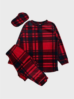 Aliş Kids Erkek-Kız Çocuk Kırmızı Ekose Desenli Göz Bantlı Uzun Kollu Polar Kışlık Pijama Takımı