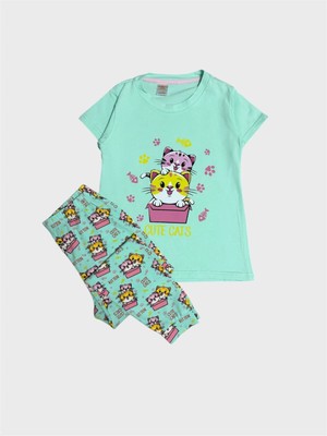 Elmas Kids Kız Çocuk %100 Pamuklu Yeşil Kedi Desenli Kısa Kollu Altı Uzun Yazlık Pijama Takımı