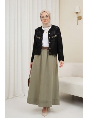 Moda Morfo Düğmeli Önü Nakışlı Ajurlu Triko Hırka -Siyah