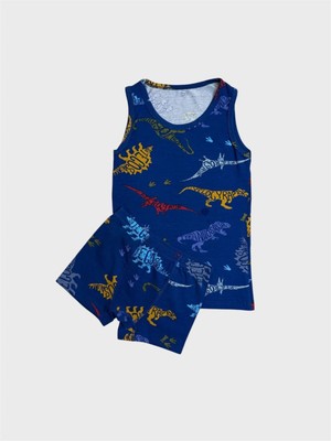 Elmas Kids Erkek Çocuk Pamuklu Lacivert Dinozor Desenli Atlet Boxer Takımı