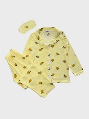 Aliş Kids Anne-Kız Milan Kumaş Sarı Limon Desenli Uyku Bantlı Gömlek Yaka Düğmeli Uzun Kollu Pijama Takımı