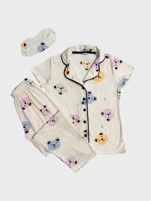 Aliş Kids Anne-Kız Çocuk Pamuklu Krem Ayıcık Desenli Gömlek Yaka Düğmeli Kısa Kollu Uyku Gözlüklü Pijama Takımı