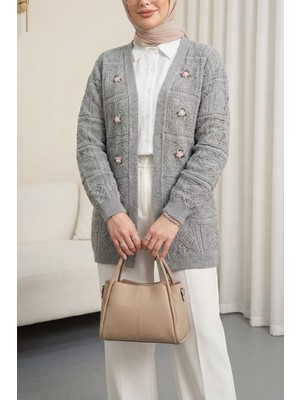 Moda Morfo Ajurlu Nakışlı Hırka    -Gri