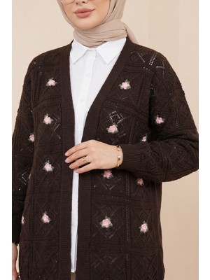 Moda Morfo Ajurlu Nakışlı Hırka    -Kahve