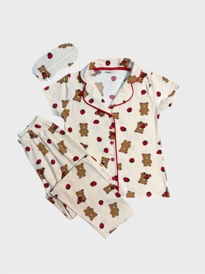 Aliş Kids Anne-Kız Pamuklu Krem Çilek Ayıcık Desenli Kısa Kollu Gömlek Yaka Düğmeli Uyku Bantlı Pijama Takımı