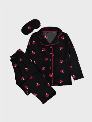 Aliş Kids Anne-Kız Pamuklu Siyah Mantar Desenli Gömlek Yaka Düğmeli Uyku Bantlı Mevsimlik Pijama Takımı