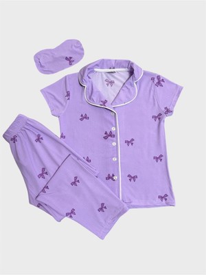 Aliş Kids Anne-Kız Çocuk Pamuklu Lila Kurdele Desenli Gömlek Yaka Düğmeli Kısa Kollu Uyku Gözlüklü Pijama Takımı