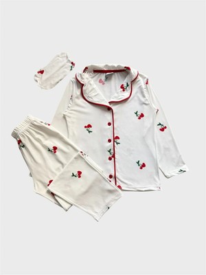 Aliş Kids Anne-Kız Milan Kumaş Beyaz Kiraz Desenli Gömlek Yaka Düğmeli Uyku Bantlı Pijama Takımı