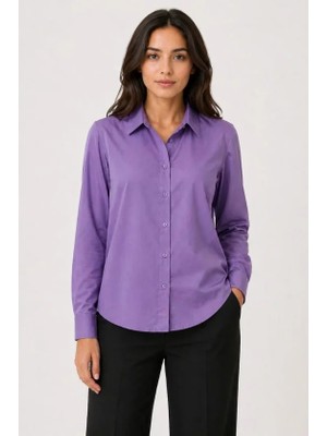 Pileli Store Uzun Kol Gömlek Düğmeli Klasik Yaka Günlük ve Ofis Şıklığına Uygun - Mor