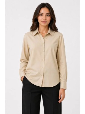 Pileli Store Uzun Kol Gömlek Düğmeli Klasik Yaka Günlük ve Ofis Şıklığına Uygun - Bej