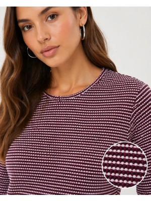 Pileli Store Dokulu Çizgili Uzun Kollu Tişört Oval Kesim Basic Rahat Kalıp Bluz - Bordo