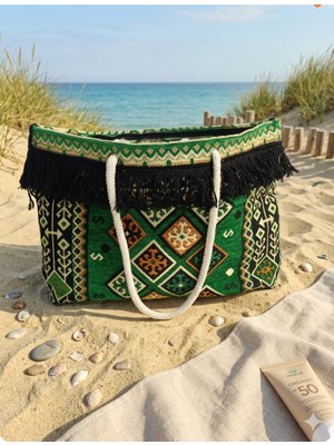Ayder Online Satış Geniş Iç Hacim, Etnik Şıklık: 50X30 cm Yeşil Bohem Plaj Çantası