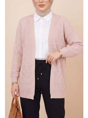 Moda Morfo Ajurlu Dalga Desenli Triko Hırka -Pudra