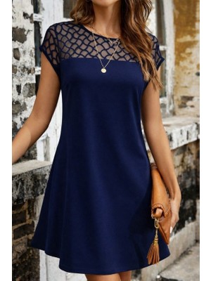 Evyora Kadın Kısa Kollu Bisiklet Yakalı Tül Detaylı Kısa Janjan Krep Elbise