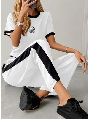 Gökyüzü Moda Kadın Kısa Kollu Bisiklet Yaka Viskon Iki Iplik Bluz ve Pantolon Ikili Takım