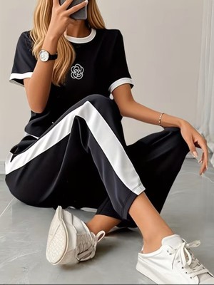 Civetta Kadın Kısa Kollu Bisiklet Yaka Viskon Iki Iplik Bluz ve Pantolon Ikili Takım